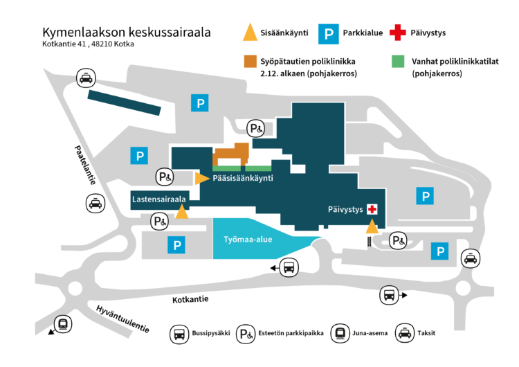 Keskussairaalan kartta, johon on merkitty syöpätautien poliklinikan uudet ja vanhat tilat.